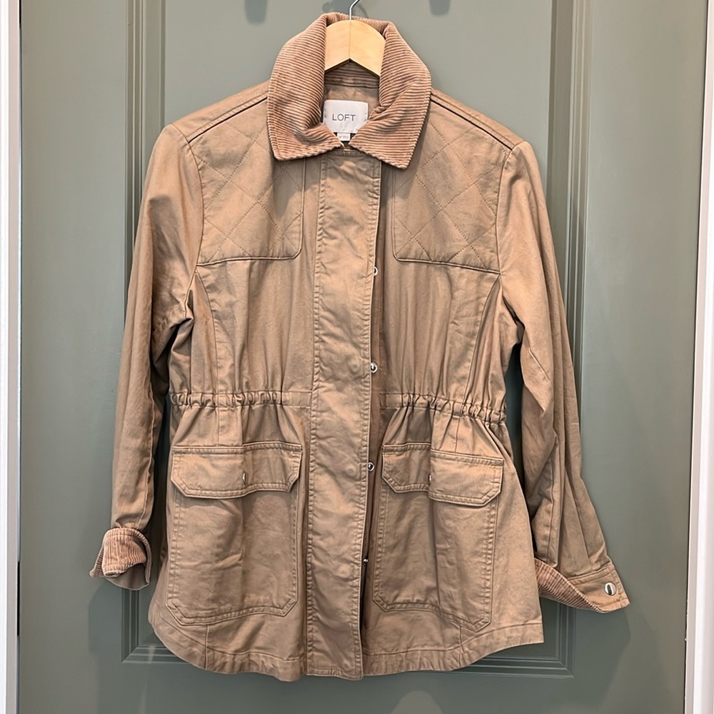 Field jacket in camel cotton. Corduroy collar and cuff. Loft Small Petite.